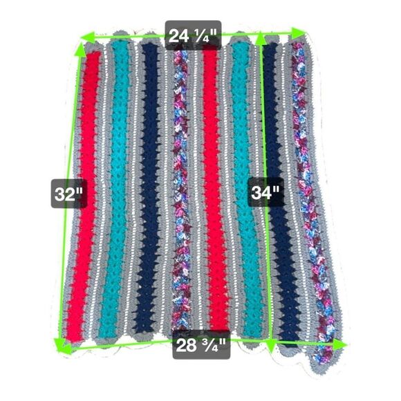 Handmade Lap Chair Throw Crochet Blanket Stripes of Red Blue & Gray 32x34 Baby - Picture 4 of 4